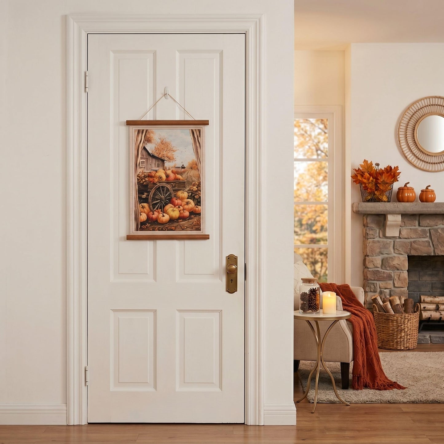 ArtbyHannah Farmhouse Fall Wall Art Decor, Harvest Autumn Thanksgiving Scroll Wall Decor for Bedroom Bathroom Door Home Decor, Rustic Linen Wall Hanging Artwork with Pumpkin Barn Scene, 16x24 Inch