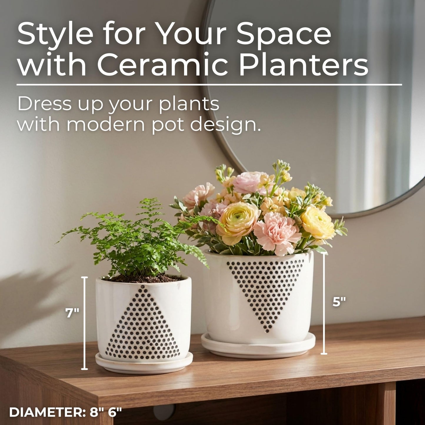Set of 2 Geometric Decorative Ceramic Planter Pots with Saucer – Stoneware Outdoor Decor, Indoor Plant Pots with Drainage – Triangle Dot Design, Home Decor Ceramic Planters – 7" & 5", White