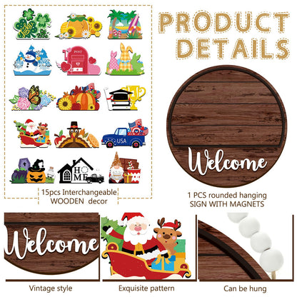 Sintuff 16 Pcs 12 Inch Magnetic Welcome Door Sign Interchangeable Front Door Wreath Decor Rustic Seasonal Hanging Sign Patriotic Summer Decor for Home Warming Gift(White Word, Brown Back)