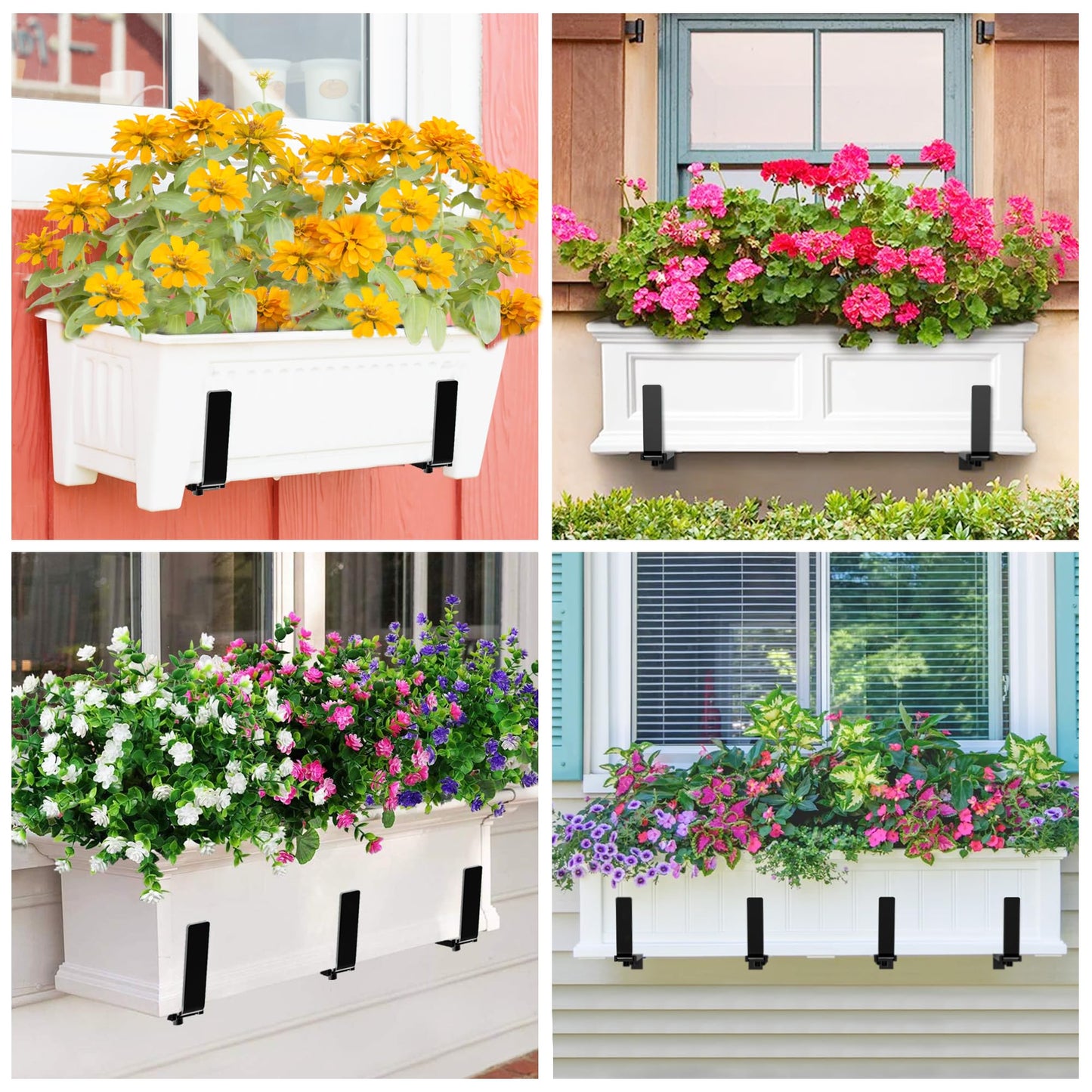 Y&M Window Box Brackets, Heavy Duty Iron Adjustable Planter Flower Box Brackets for Railings, Perfect for Balconies, Fences, and Gardens（4 Packs）