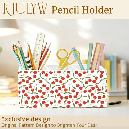 KJULYW Cute Cherry Pen Holder for Desk, Cherry Gifts for Women, Girly Aesthetic Cherries Floral Wooden Box Pencil Pen Holder Organizer for Home Office Desk Accessories