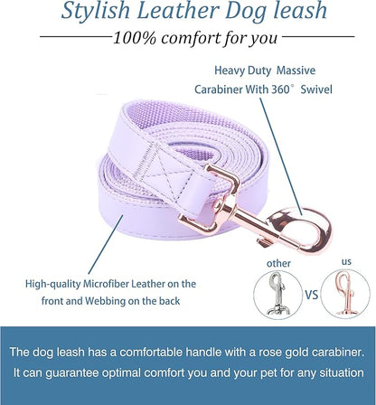 Dog Collar and Leash Set.Soft and Easy to Clean Vegan Leather with Rose Gold Metal Buckle for Small Medium Large Dogs (Light Purple, M(13.8"-19.7"))