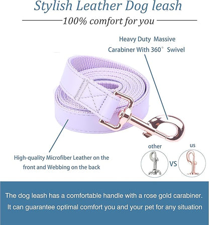 Dog Collar and Leash Set.Soft and Easy to Clean Vegan Leather with Rose Gold Metal Buckle for Small Medium Large Dogs (Light Purple, L(15.4”-24.8“)