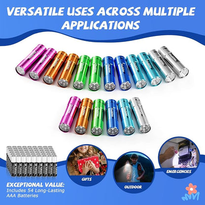 WdtPro LED Mini Flashlights 18 Pack, Aluminum Bright Flash Light with Lanyard, Assorted Colors, Small Flashlight for Home, Power Outage, Kids Reading, Camping, Party, Gift with Batteries