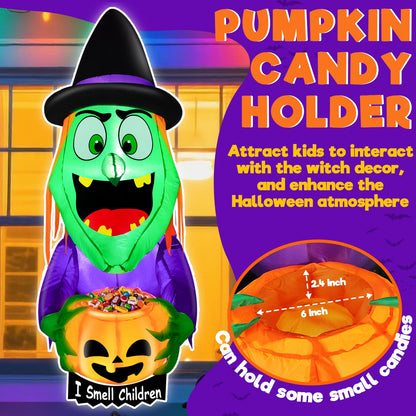 4 Ft Halloween Inflatables Decorations Outdoor Witch Broke Out from Window Blow Up Scary Holding Pumpkin Candy Bucket Build-in LED Halloween Decorations Party Indoor Outside Yard Garden Lawn