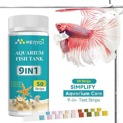 9-Way Aquarium Test Strips,50 Strips Aquarium Test Kit for Fish Tanks & Ponds, Quick & Accurate Water Testing Iron Copper Sodium Chlorine Nitrate Nitrite Total Alkalinity Hardness Free Chlorine pH