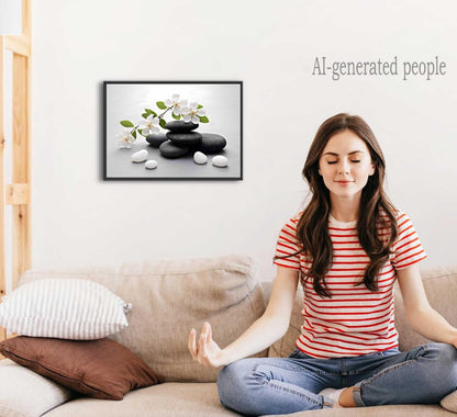 Framed Zen Stone Flower Canvas Wall Art Orchid Flower Black White Zen Stone Picture Wall Decor Still Life Poster Print Artwork for Bathroom Yoga Room Spa Room Meditation Room Office Home Decoration