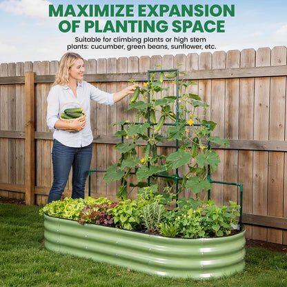 VIREO GARDEN Galvanized Raised Garden Bed with Wall Trellis | 6x3x1FT Metal Raised Garden Beds Outdoor for Gardening Climbing Plants | Planter Box Outdoor with Gloves for Vegetable Flower, OliveGreen