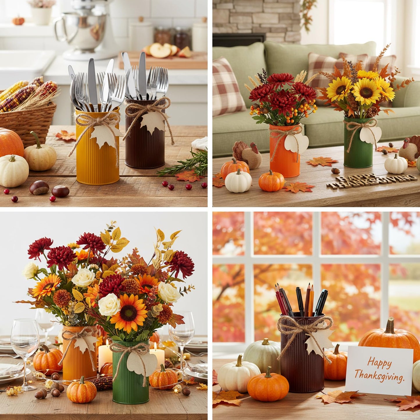 Acellegic 8 Pack Thanksgiving Table Centerpieces Fall Galvanized Metal Vases Decorations Farmhouse Flower Buckets Mason Jar Utensil Holder with Wooden Cutouts & Twine Bow for Holiday Table Decor