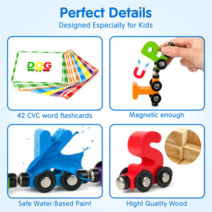 Helsort 27 PCS Magnetic Wooden Alphabet Train Set, ABC Learning Toy with 42 Flash Cards, 1 Engine and Storage Bag, Educational Letter Toy Trains for Toddlers, Boys Girls, Ideal Gift for 3-7 Year Olds