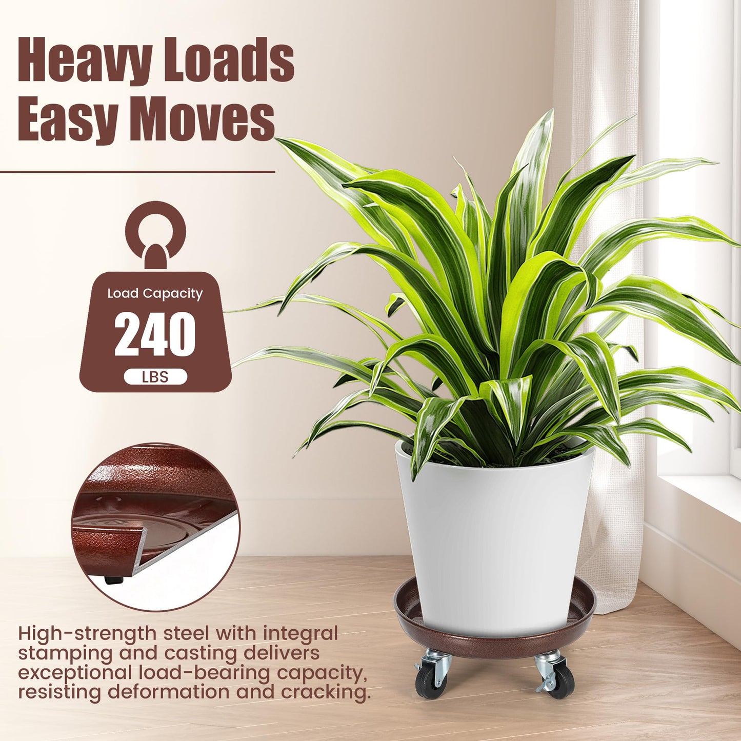 OBMMIRAO 10 Inch Plant Caddy with Wheels Heavy Duty, 240 lbs Capacity, 4 Swivel Casters (2 Locking), Steel Rolling Plant Stand, High-Strength Rust-Proof Steel