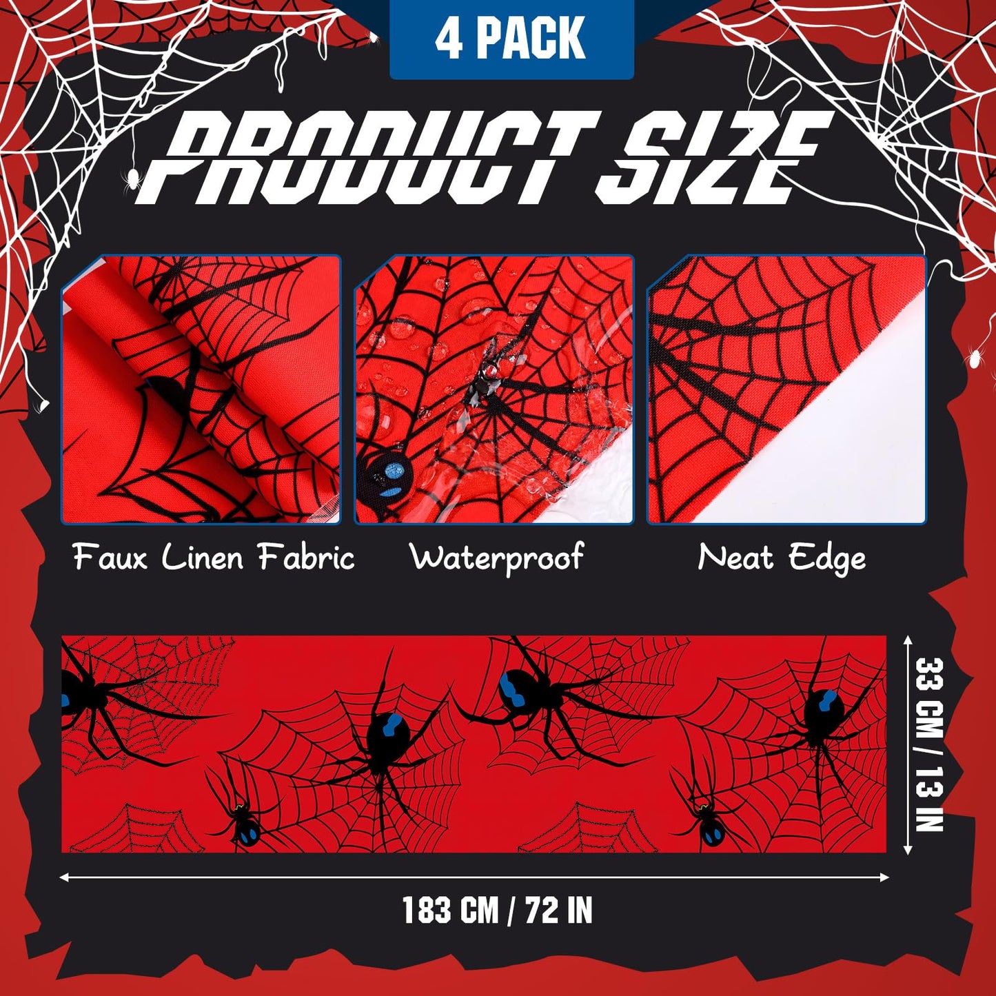 Hahafelt 4 Pack Spider Theme Table Runner 13 x 72 Inches Spider Table Runner for Birthday Parties, Web Design Decorations for Little Ones Birthday Party Supplies