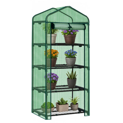 Outvita Mini Greenhouse, Small PE Plant Green House with 4 Tiers Rack, Shelf Clips, Roll-up Zipper Door, Gardening Supplies for Indoor Outdoor Seedling Frost Protection , 27"x19.6"x63" Green