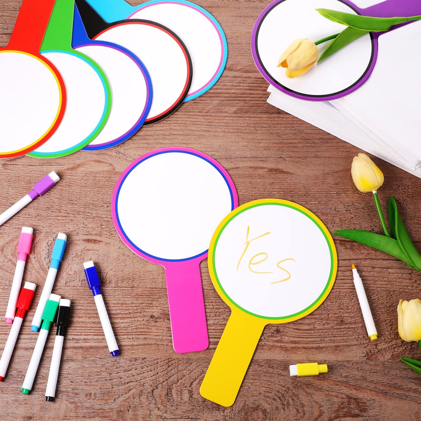 Crtiin 80 Pcs Colorful Dry Erase Paddles Set Include 40 Dry Erase Paddles with 40 Markers Double Sided Handheld Whiteboard for Answer Numbers Voting Blank Fans(Round)