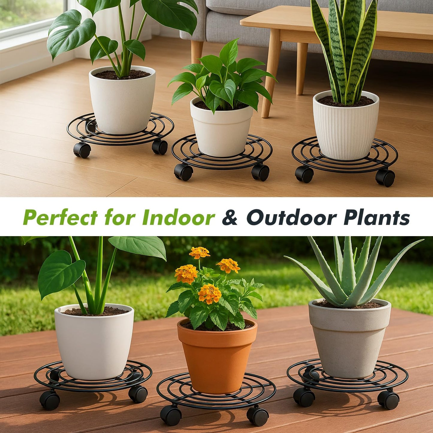 Planterhoma 3 Packs Large Metal Plant Caddy 13 Inches Plant Dolly with Wheels Heavy-duty Iron Rolling Plant Stand with Casters for Indoor Outdoor Flower Pot Mover Rollers Black Wheeled Plant Colaster