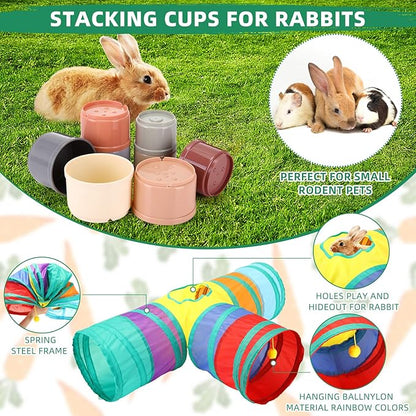 34 Pcs Rabbit Starter Kit Rabbit Litter Box Small Animal Water Bottle Stacking Cups Bunny Tunnels Animal Grooming Kit Bowl Blanket with Cleaning Set for Guinea Pig Bunny Accessories (Pink)