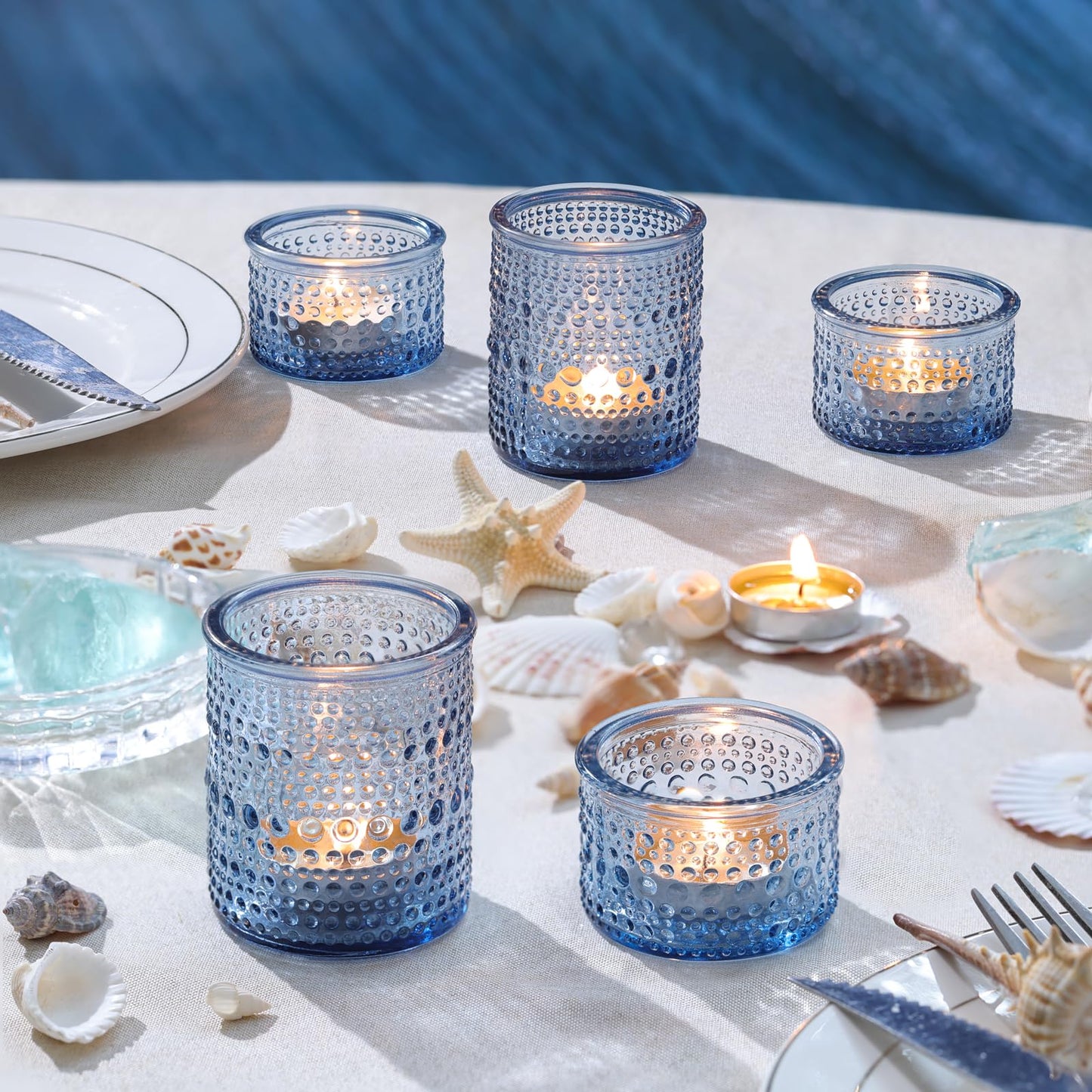 30 Pcs Blue Votive Candle Holders – Glass Candle Holders Bulk for Wedding Table Centerpiece, Something Blue Bridal Shower, Baby Shower, Summer & Everyday Home Decor