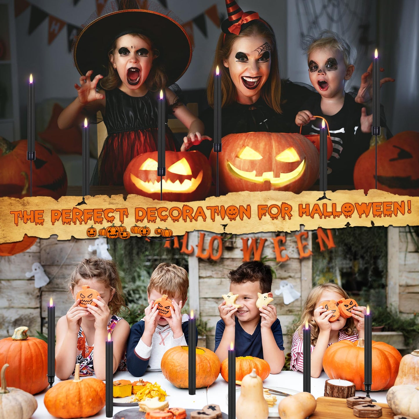 AFINETH Black Flameless Taper Candles with Remote, 9.6" Halloween Battery Operated Candles 3D Wick, 3 Pack Real Wax Led Candlesticks Flickering Electric Candle for Halloween, Home, Party Decor