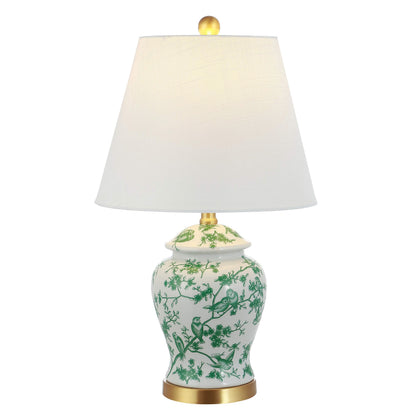 JONATHAN Y 22" White/Green Ceramic Table Lamp, French Country Chinoiserie Ginger Jar LED Bedside Lamp for Living Room Bedroom, White Linen Shade (JYL3005B)