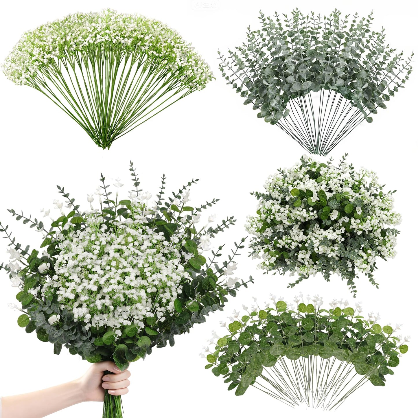 Suaycy 110pcs Mixed Faux Greenery: Real Touch Babys Breath Artificial Flowers Bulk, Eucalyptus Stems & Frosted Silver Dollar for Rustic Wedding Decor, Boho Farmhouse Table Centerpieces