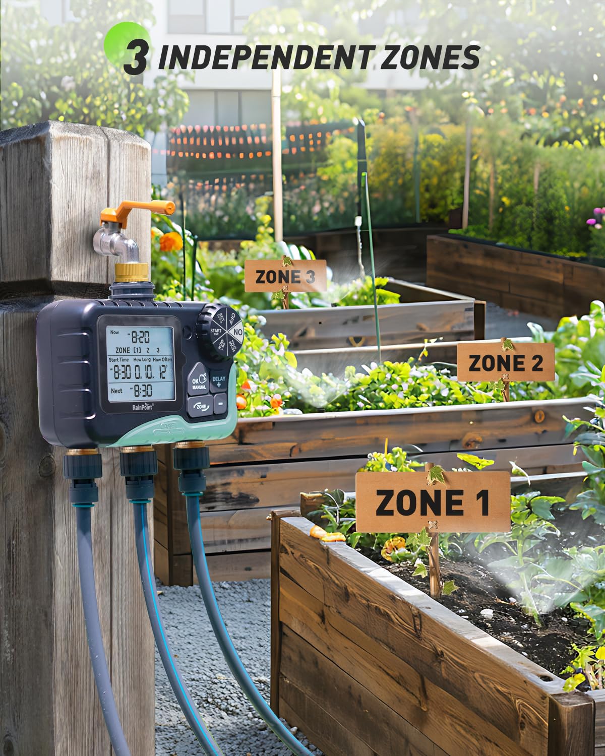 RAINPOINT 3 Zone Water Timer with Brass Inlet & Outlet, 3 Custom Watering Plans Sprinkler Timer, Featuring IP65 Waterproof,Rain Delay, Manual & Automatic Watering with Large LCD for Yard, 2026 Ver.