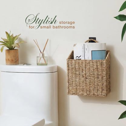 Set of 2 Wicker Hanging Basket for Organizing, Front Door, Mail, Flowers - Woven Wall Baskets for Storage (Natural Seagrass)