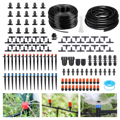 256FT Drip Irrigation System Kit, 163PCS Automatic Garden Watering Misting System with 1/4" Distribution & 1/2" Hose Tubing and Accessories for Greenhouse, Yard, Lawn, Plant