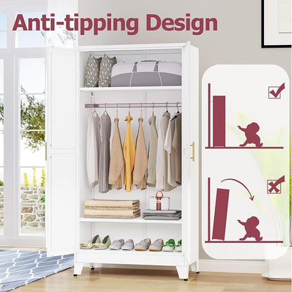 GAIOUS Metal Wardrobe Cabinet with Hanging Rod, Clothing Storage Cabinets | with 2 Doors and Adjustable Shelves, 71" Metal White Armoire Wardrobe Closet for Bedroom, Laundry Room, Cloak Room