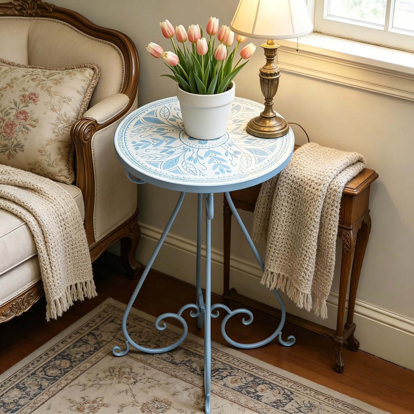 Zorvynelle Mosaic Outdoor Side Table 14" Diameter Metal Round Plant Stand Ceramic Tile Round Table Garden Patio Side Table for Flower Pots Vase Home Decor (Flower#1)
