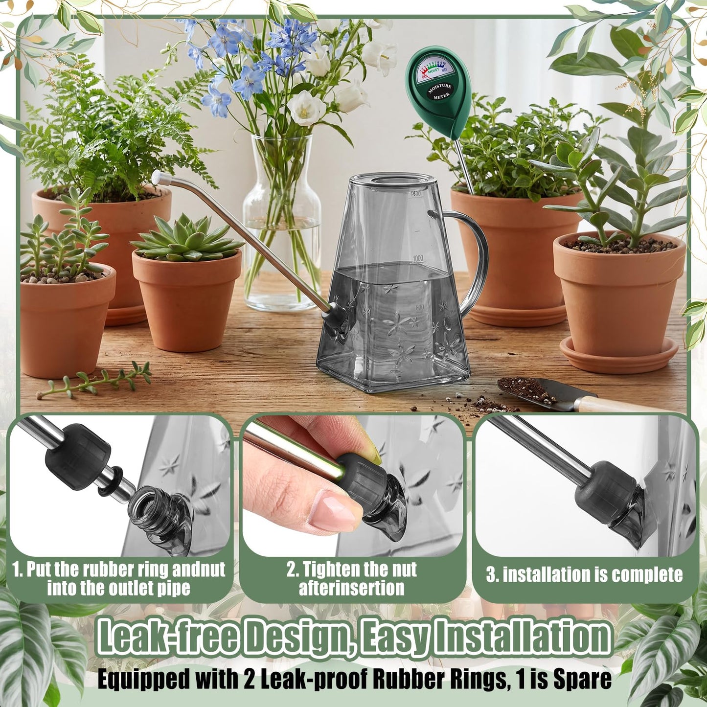 Ferrochef Indoor Plants Watering Can for Indoor Plants Long Probe Soil Moisture Meter Long Spout Watering Cans Water Monitor Indicator for Pot Flower House Gardening Farming(Gray,1.4 L,Trapezoid)