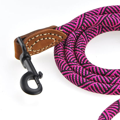 Mile High Life Rope Leash with Genuine Leather Connection, 6 FT/5 FT/4 FT, Heavy Duty Leash for Medium & Large Dogs (Hot Pink, 60 Inch)