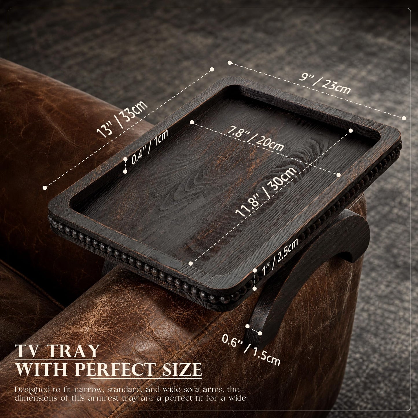 Pine Wood Sofa Arm Tray with Beaded Edge for Home Decor - Foldable Sofa Armrest Tray as Side Coffee Table - Anti-Slip Couch Armrest Trays for Putting Remote Control (Distressed Black,13"x9"x1")