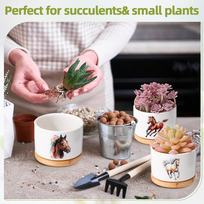 Vesici 3 Pcs Horse Gifts for Women Horse Planter Succulent Pots with Drainage and Bamboo Tray Small Ceramic Succulent Planters Animal Plant Pot for Graduation Office Home Decor Plant Lovers