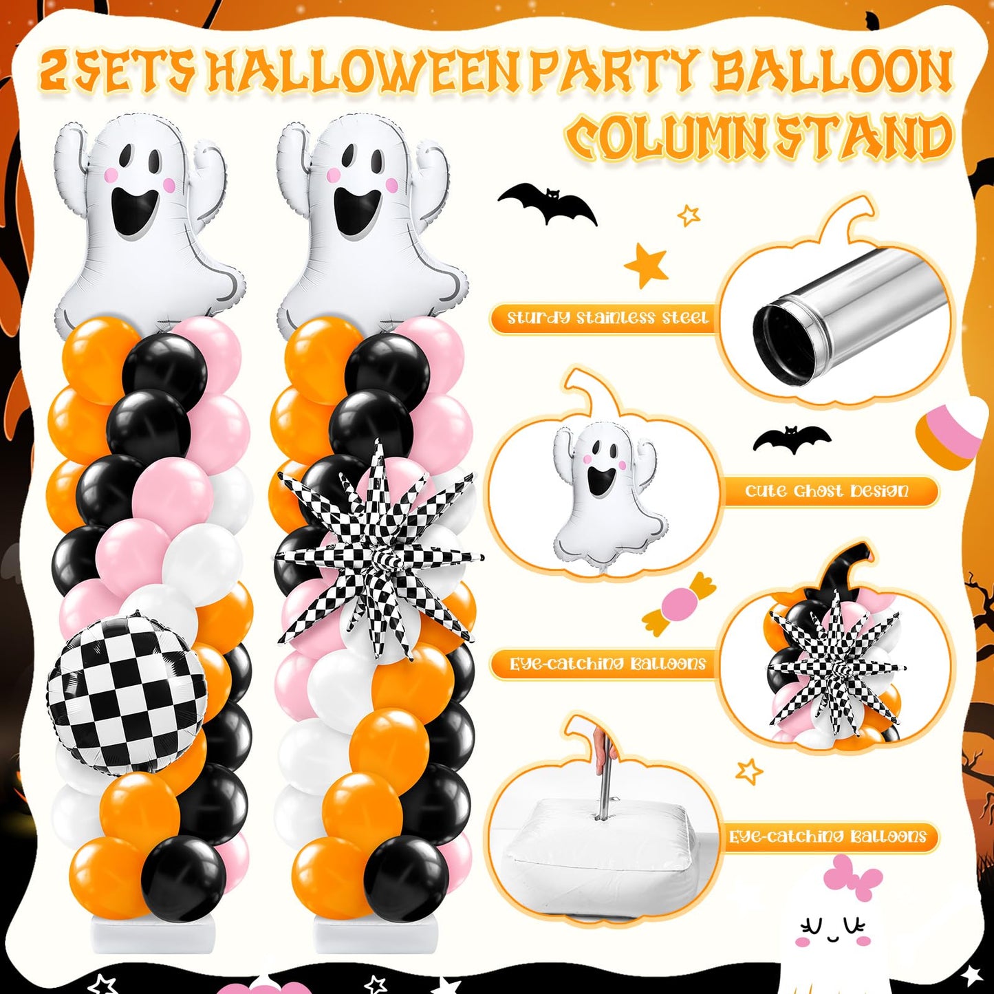 Kasyat 2 Sets Pink and Orange Halloween Balloon Arch Kit with Ghost Black White Checkered Round Ball Explosion Star Foil Balloon Orange Pink Black White Garland for Spooky Theme Party Decoration