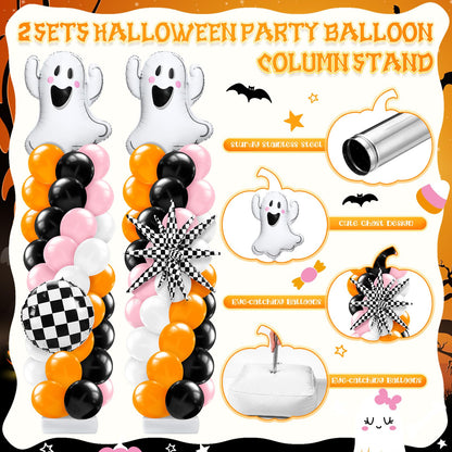 Kasyat 2 Sets Pink and Orange Halloween Balloon Arch Kit with Ghost Black White Checkered Round Ball Explosion Star Foil Balloon Orange Pink Black White Garland for Spooky Theme Party Decoration
