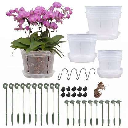 12 Packs Plastic Orchid Pots with Holes, 4, 5, 6 Inch Clear Orchid Pots for Repotting with Saucers Drainage,Hook,Hanging Rope and 6.7/10.6 inch Plant Stakes, Breathable Orchids Planter Plant Pot