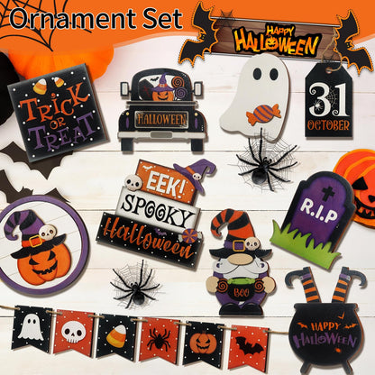 15 Pcs Halloween Tiered Tray Decor Set, Cute Pumpkin Ghost, Halloween Wooden Layered Tray Decorations, in a Rustic Style, Great Items for Party Tables