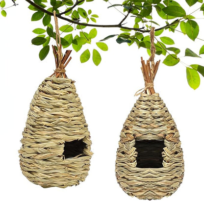 Gute Hummingbird Houses for Outside Hanging, Natural Grass Hanging Bird Hut, Hand Woven Hummingbird Nest, Large Wren Finch Bird House for Garden Window Outdoor Home Decoration, Set of 2