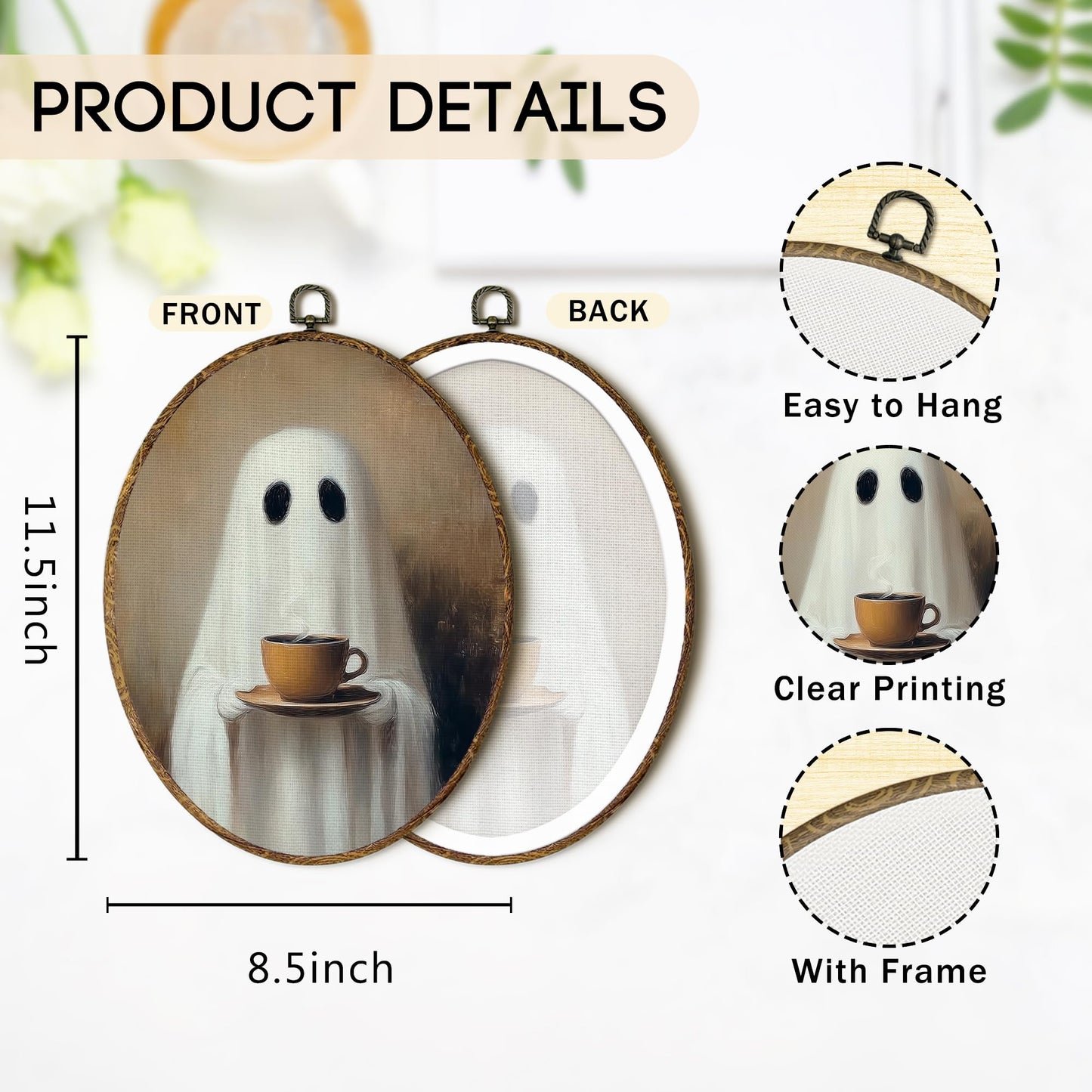 OINDADE Halloween Ghost Coffee Oval Wall Art Decor, Fall Spooky Coffee Ghost Wall Art Hanging Decor, Halloween Fall CoffeeLovers Framed Canvas Artwork for Kitchen Living Room Home, 8.8x11.5in