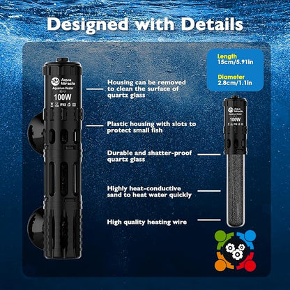 AquaMiracle Submersible Aquarium Heater, 100W Fish Tank Heaters with LED Digital Temp Display, Dry-Run Auto Power-Off & Overheat Protection, for Freshwater and Saltwater Tanks (10-20 Gal)