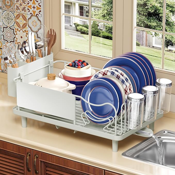 Dish Drying Rack Large Capacity - Stainless Steel Dish Rack for Kitchen Counter with Drain Board, Rustproof Dish Drainer with Auto Drain Spout, Utensil Holder & Glass Holder, Dinnerware Organizer