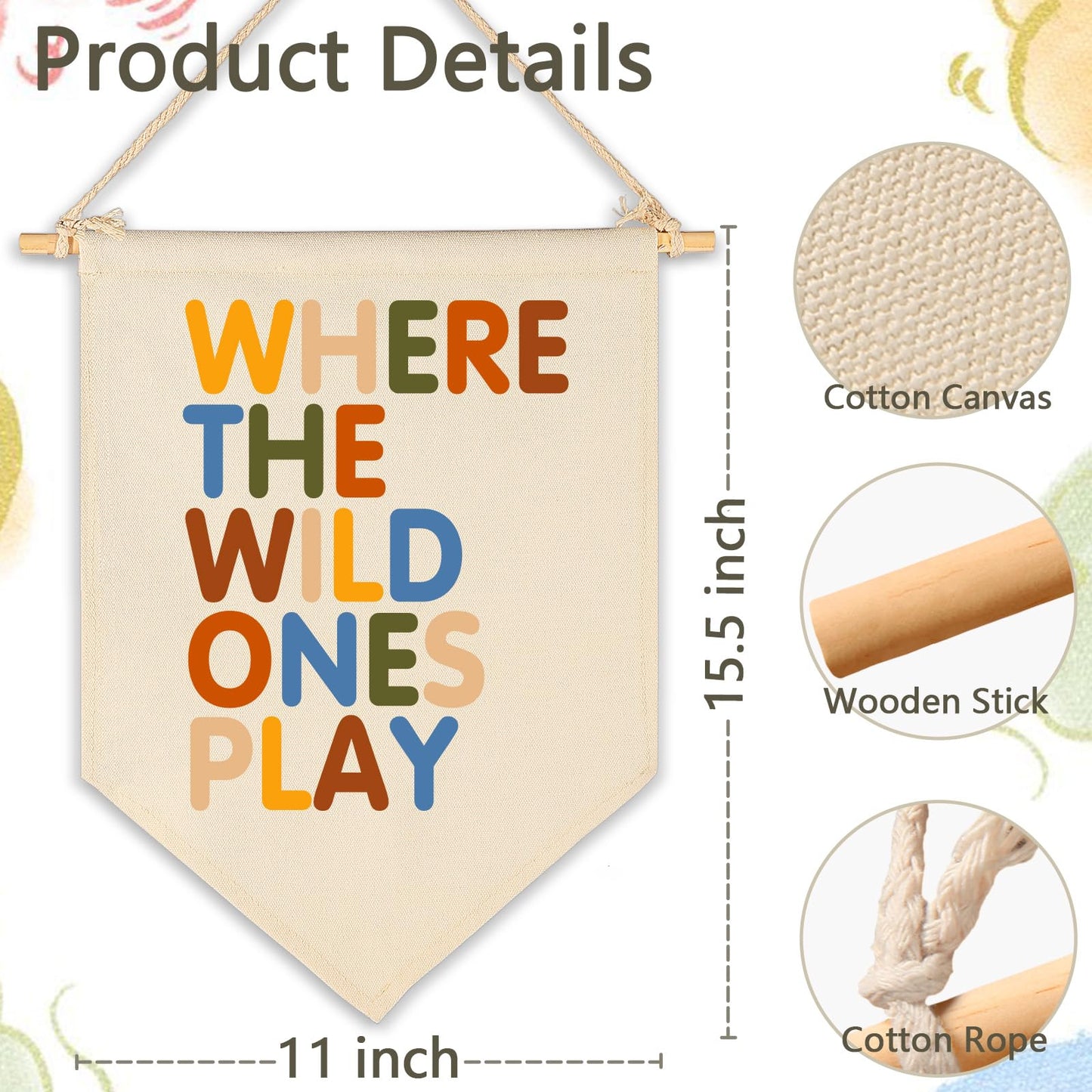 Where The Wild Ones Play-Canvas Hanging Pennant Flag Banner Wall Sign Decor for Nursery Baby Kids Girl Boy Teen Bedroom Playroom- Baby Gift Shower Flag-Birthday Christmas Gift