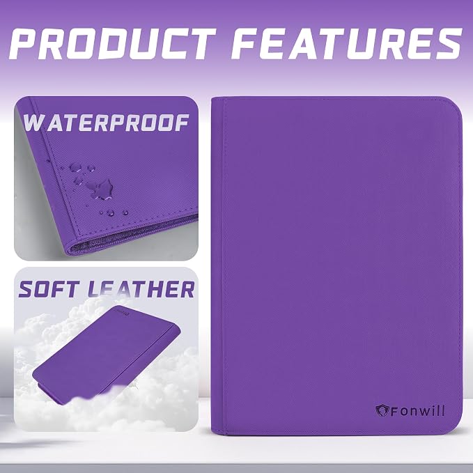 9 Pocket Card Binder,360 Pockets Trading Card Holder Book, Premium PU Cover Zip Folder Binder,Side Loading Carrying Case Binder Album for TCG,MTG,Sports Cards,Game Cards (Purple)