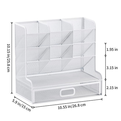 Marbrasse Mesh Desk Organizer - Multi-Functional Pen Holder with Drawer, Desktop Stationary Storage Rack for School, Home, Office, Art Supplies (White Mesh)