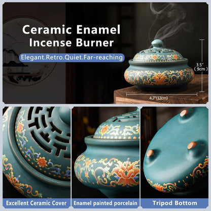 plainele Ceramic Incense Burner with Incense Holder+ Fireproof Cotton,Handmade Smudging Burn Bowl for Stick or Coil Incense,Sage Cones,Frankincense and Mosquito Incense (Enamel)