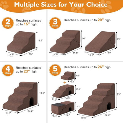 Dog Stairs for Small Dogs 16’’ H, 3-Step Dog Steps for Bed, Foldable Pet Stairs and Ramp for Dogs and Cats to Get on Beds, Couch, Non-Slip Balanced Pet Steps with Waterproof Cover, Brown