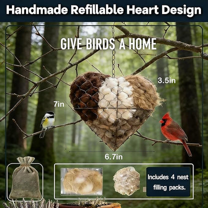 Handmade Alpaca Fiber Bird Nesting Heart, Refillable Nesting Material Accessory for Wild Birds, Outdoor Garden Decoration, Gift for Bird & Nature Lovers, Hummingbird Nesting Material (2 set)