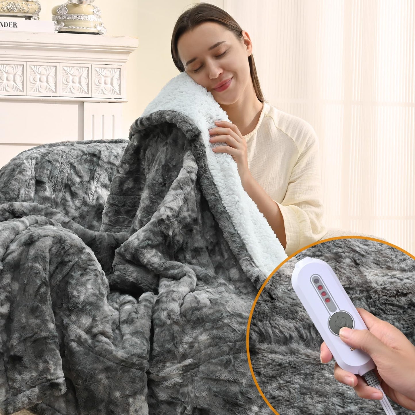 Bearhug Electric Blanket King Size 100" x 90", Dual Controller Heated Blanket, White Flower Patterns Faux Fur & Warm Sherpa, 10-Heat Levels & 1-12H Auto Off,ETL, Machine Washable