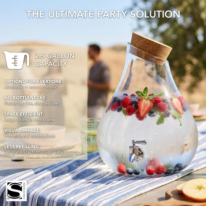 Style Setter Beverage Dispenser Cold Drink Dispenser Glass Jug, Metal Stand & Leak-Proof Acrylic Spigot Great for Parties, Weddings & More (2.5 Gallon, Glass with Cork Lid)