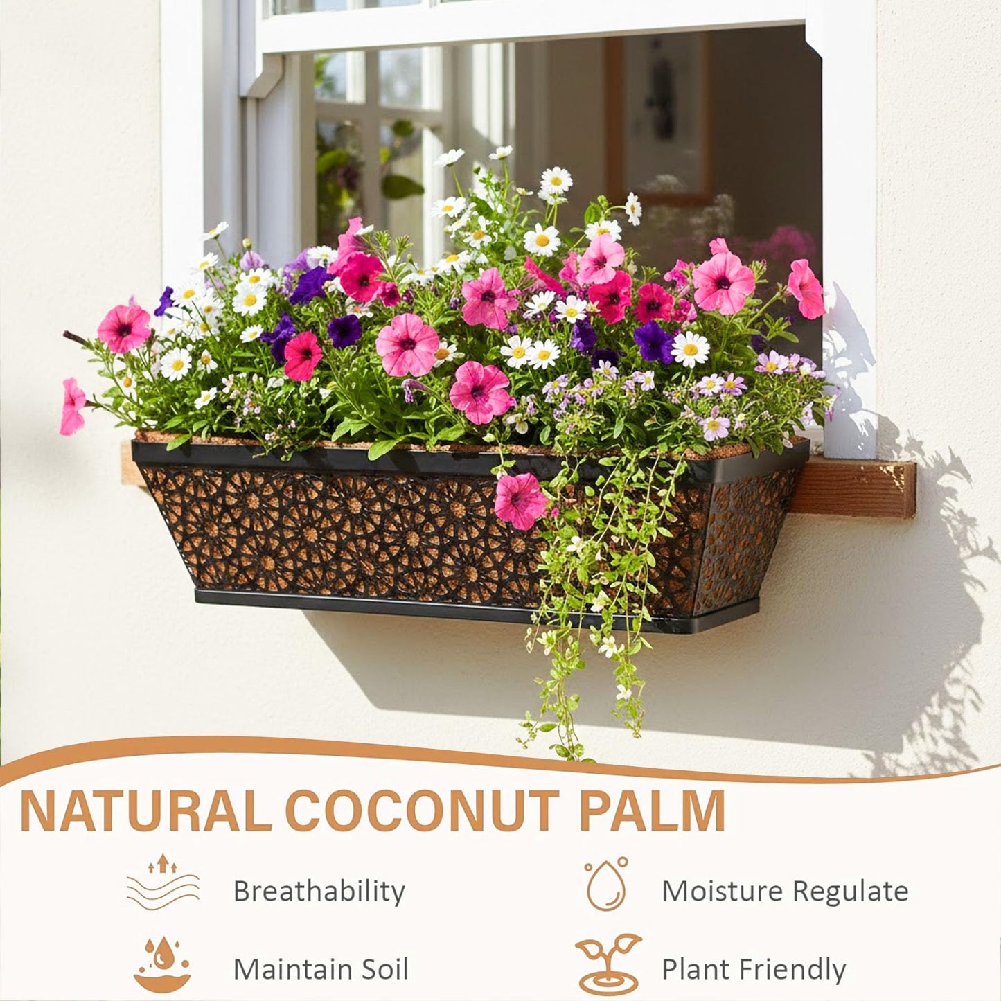 XXFBJNMD 2 Pack 24 Inch Window Boxes Planters with Coco Coir Liner Metal Hanging Flower Planter Window Basket Deck Railing Planter Boxes for Outdoor Indoor Lawn